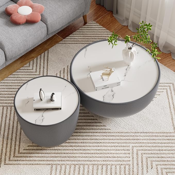 SSLine Bowl-Shape Coffee Table Set of 2 Modern Sintered Stone Top Nesting - Image 4