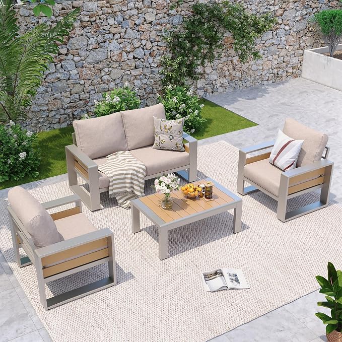 Aoxun Aluminum Patio Furniture Set, 4 Seats Luxury Metal Patio Conversation Sets by Aoxun