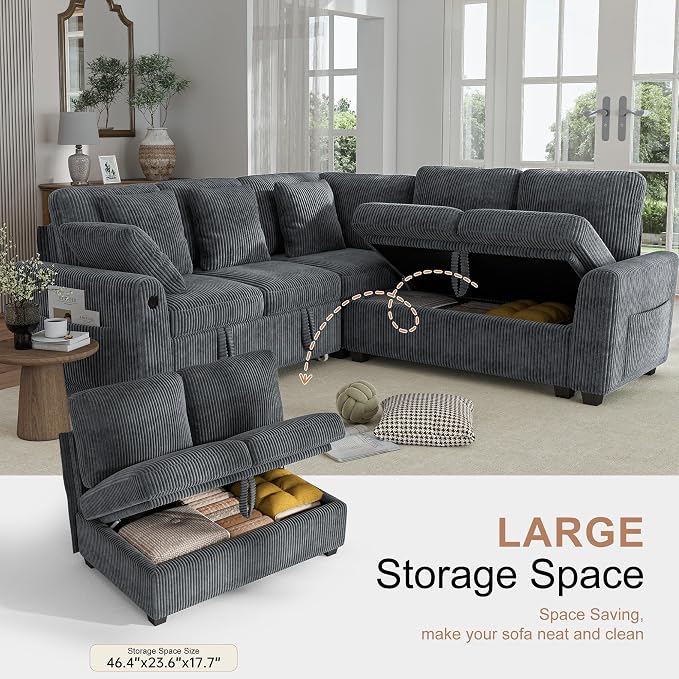 Hanherry Sectional Couch with Pull Out Sofa Bed, Corduroy Sleeper Sofa with 2 - Image 5