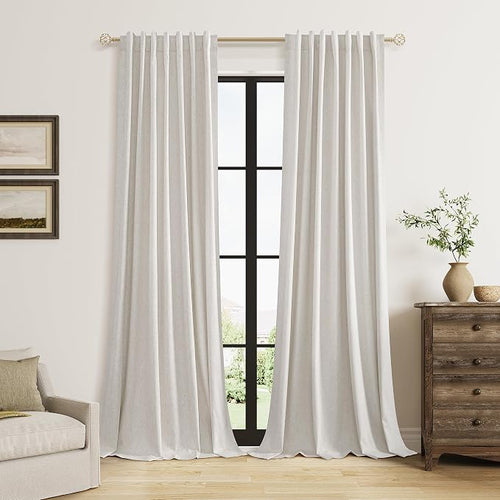 100% Black Out Light Beige Linen Curtains 90 Inch Long by Guken