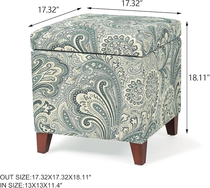 Adeco 18" Cube Storage Ottoman in Blue Paisley, Upholstered Linen Foot Stool & - Image 2