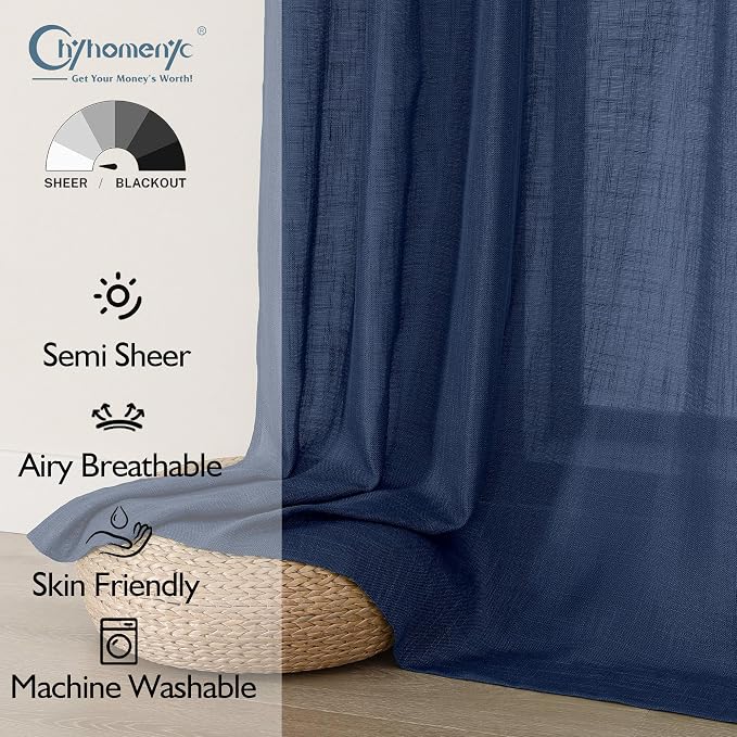Chyhomenyc Navy Blue Semi Sheer Curtains 96 Inches Long 2 Panels - Image 2