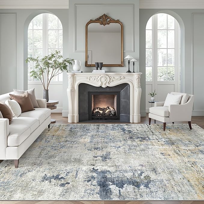 Soalmost Abstract Rug 8x10 Large Living Room Area Rugs Washable Blue/Yellow | by Soalmost