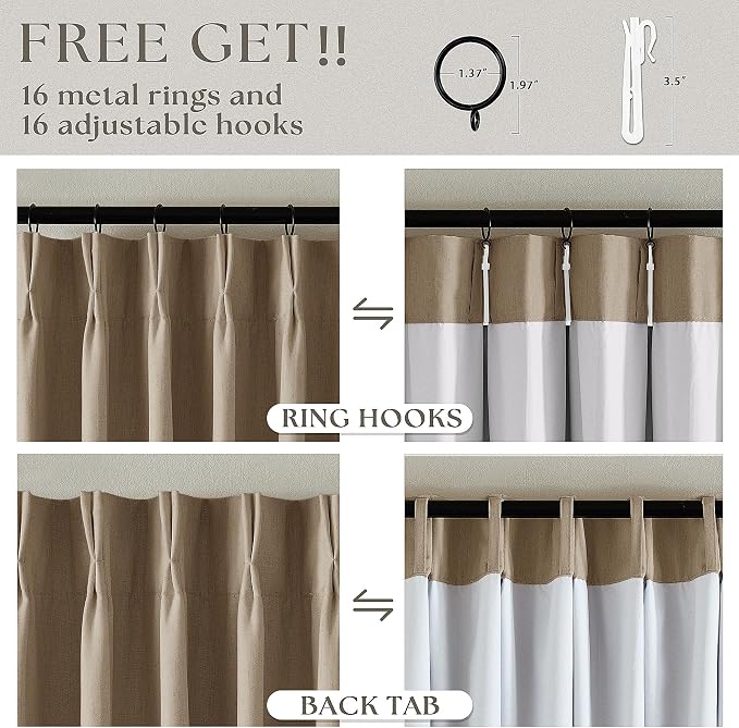 Light Brown Blackout Pinch Pleat Linen Curtains 105 Inches Long - Image 5