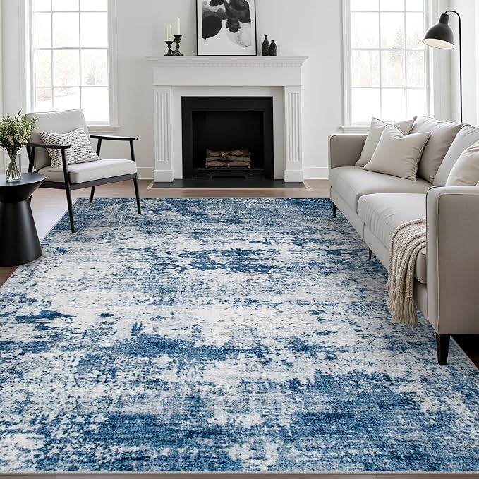 Area Rug Living Room: 4x6 Modern Washable Indoor Soft Carpet Blue | - Image 2