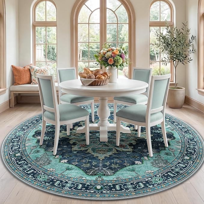 RELEANY Washable Area Rug, Round 7ft, Teal | Non-Slip, Water Repellent by RELEANY