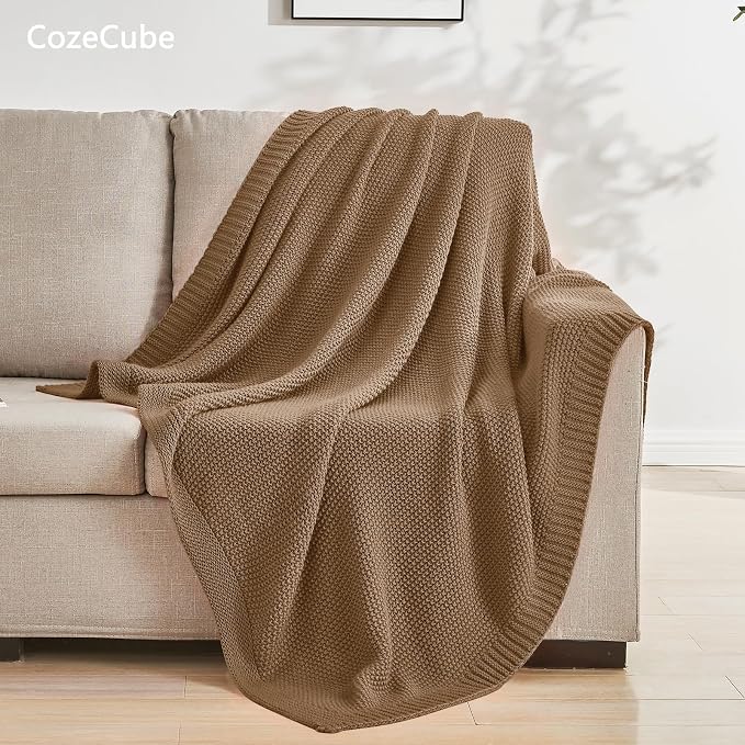CozeCube Caramel Brown Seed Stitch Throw Blanket 50"x60", Farmhouse Decor | - Image 3