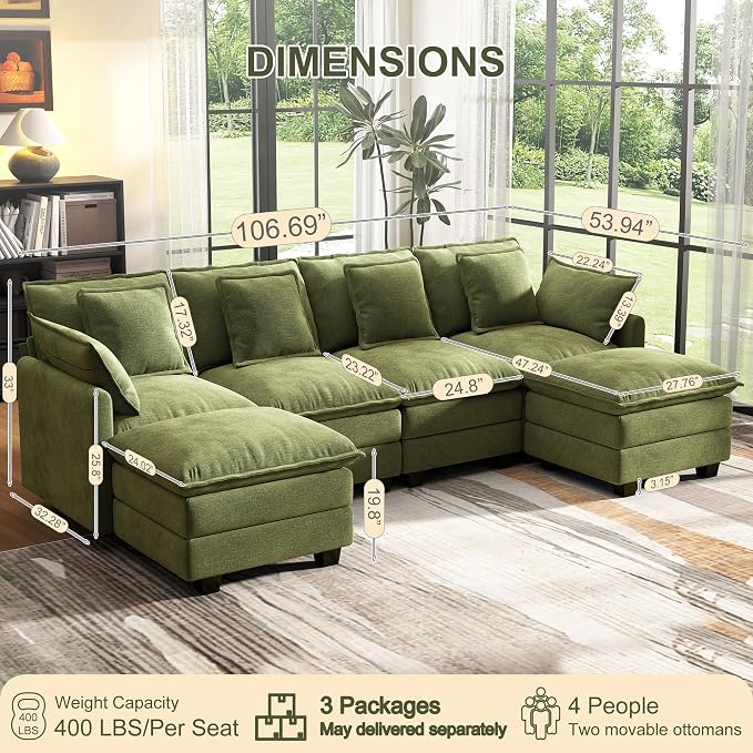 107" Cloud Couch Sectional, U Shaped Modular Sectional Sofa, 4-Seat Deep Seat - Image 3