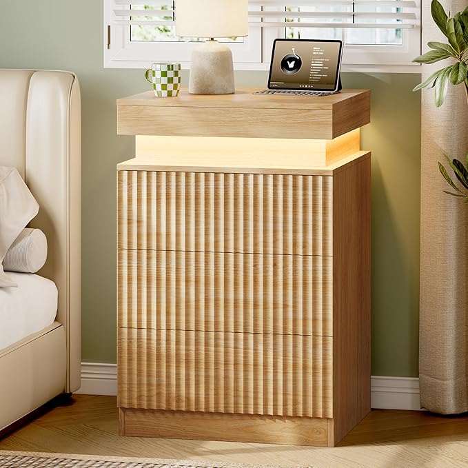 Xixini Nightstand with Charging Station and LED Lights, Fluted Night Stand with by Xixini
