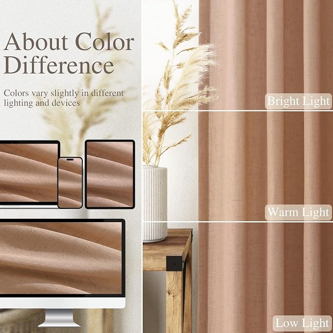 Peach Linen Curtains 102 Inches Long Rod Pocket Back Tab Drapes 2 Panels Set - Image 5