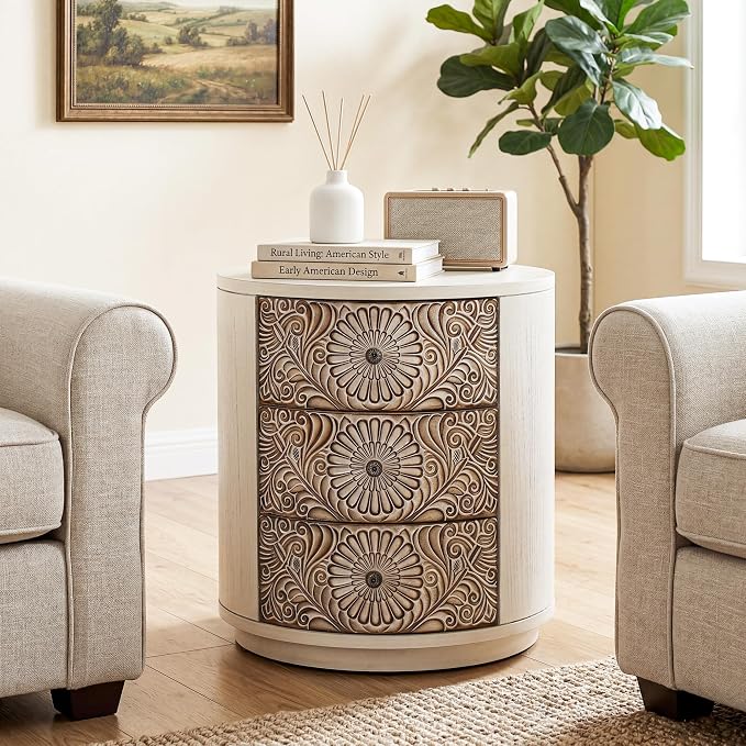 HOMPUS Round End Table Set 2, Fully Assembled Nightstand w 3 Storage Drawers - Image 9