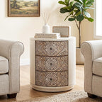 HOMPUS Round End Table with Carved Floral Pattern, Vintage Nightstand w 3 - Image 8