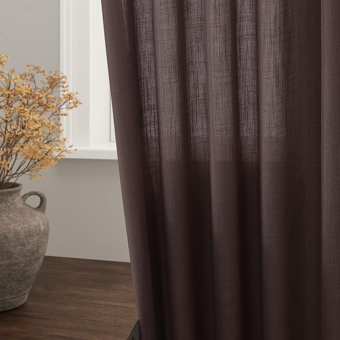 Coffee Linen Boho Curtains for Bedroom Back Tab Rod Pocket Semi Sheer Linen - Image 2