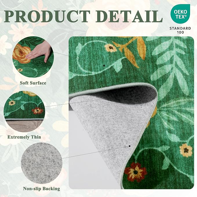 DUKINO 2x10 Runner Rug, Washable Kitchen Runner Rug Non Slip, Dark Green | Soft - Image 5