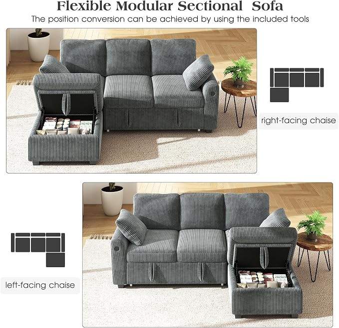 Ihanherry 81-inch Corduroy Modular Sectional Sofa Bed - Image 3