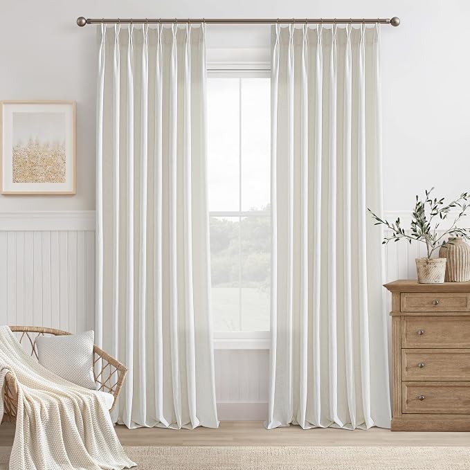 92 Inch Pinch Pleated Beige White Semi Sheer Linen Blend Curtains | Farmhouse by Twodrapes