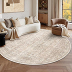 Schweek 8ft Circle Rug Neutral Beige Vintage Washable Non-Slip Round Rugs | by Schweek