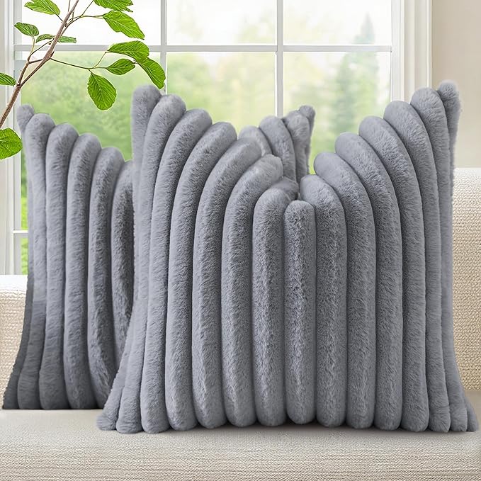 decorUhome Fall Faux Fur Throw Pillow Covers 16x16 Set of 2 Grey | Decorative by decorUhome