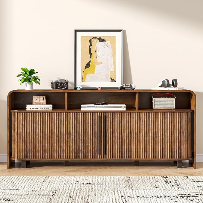 Walnut TV Stand for 65 70 75 Inch TV, Fluted Mid Century Modern TV Console - Image 5