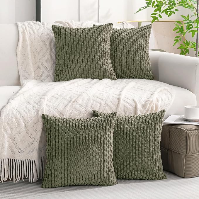 Set of 4 Olive Green Decorative Throw Pillow Covers 18x18 Inch Corduroy Pillow - Image 9
