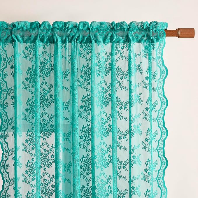 YJ YANJUN Vintage Lace Curtains 84 Inches Long-Victorian Floral Teal Sheer - Image 3