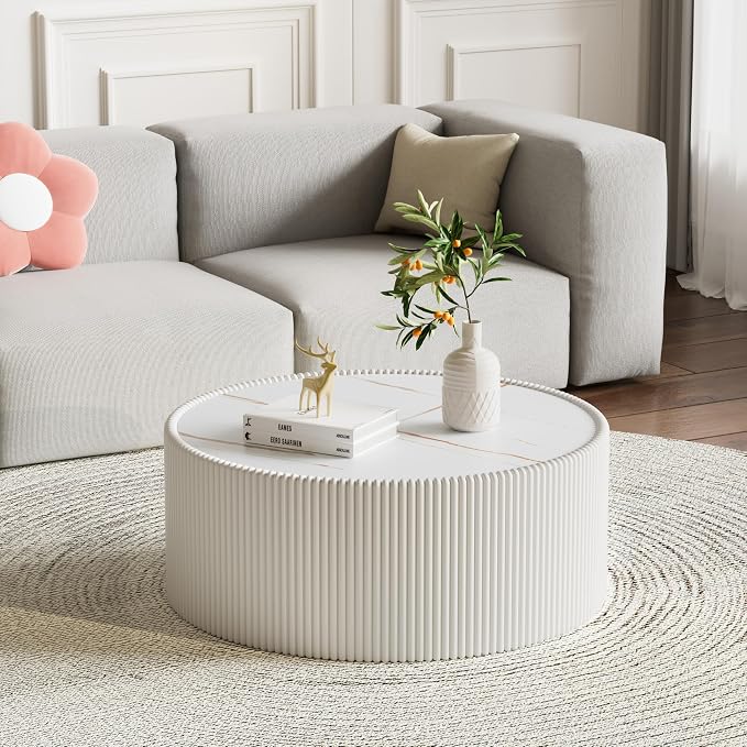 White Marble Round Coffee Table, 29.52" Fluted Coffee Table - Image 4