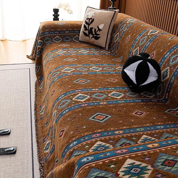 VClife Bohemian Couch Cover, Vintage Moroccan Tribal Geometric Chenille Couch - Image 4