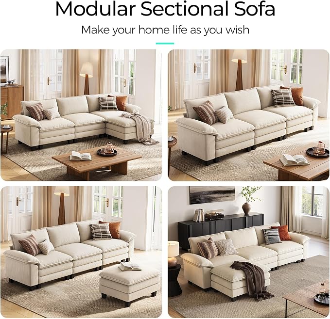 LINSY HOME 123" Modular L-Shaped Sectional Sofa, 3-Seat Corduroy Modern Cloud - Image 7