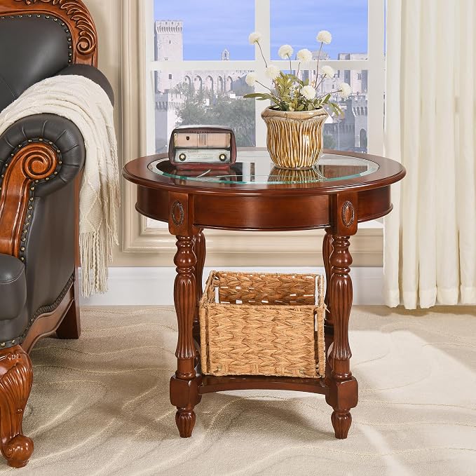 LEEMTORIG Oval Round Glass End Table, 2-Tier Solid Wood Glass Top End Side - Image 4