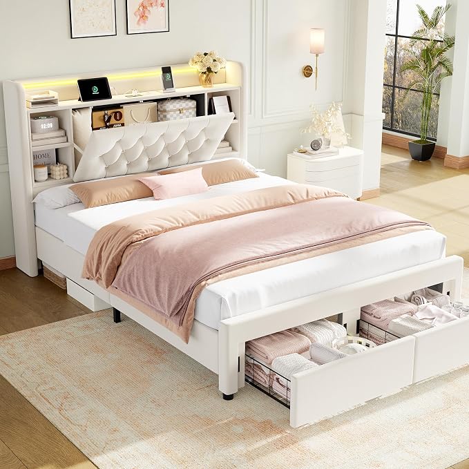 Queen Bed Frame with Drawers, Hidden-Cubby & Shelves Storage Headboard with - Image 8