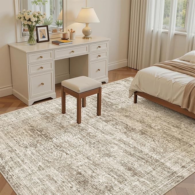 Soalmost 7x9 Area Rug for Living Room Washable Rugs Non-Slip Brown | Low-Pile - Image 4