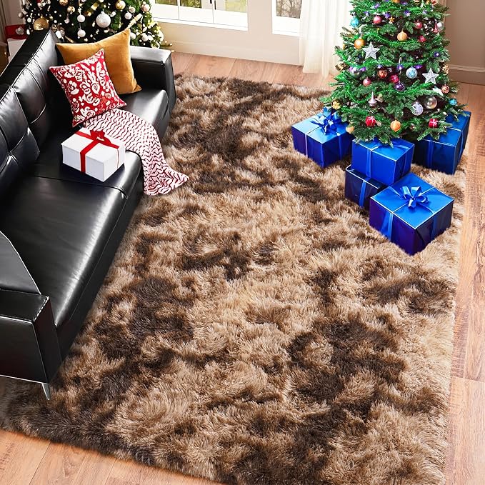 Super Fluffy Area Rug for Living Room 5x7, Shaggy Carpet, Tie-Dyed Coffee | - Image 5