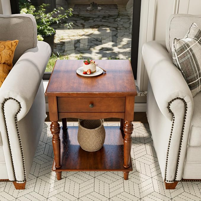 End Table with Drawer and Storage Shelf, Solid Wood Sofa Side Table, Square - Image 8