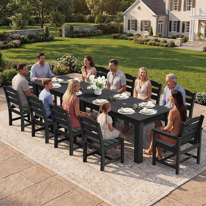 SERWALL HDPE Dining Set for 6: 1 Umbrella Hole Table, 4 Armless + 2 Armchairs. - Image 8