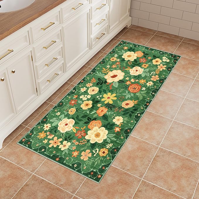 DUKINO 2x4 Entryway Rug, Floral Washable Kitchen Rugs Non Slip, Dark Green | - Image 4