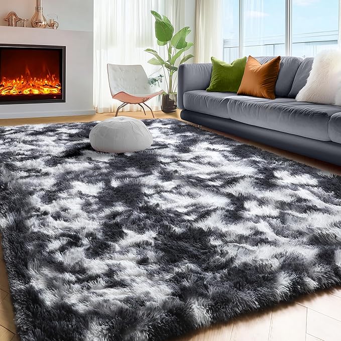 Black White Grey Bedroom Rugs 4x6 Ft, Soft Fuzzy Plush Indoor Floor Area Rug | - Image 3