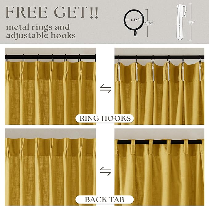 Mustard Yellow Pleated Semi Sheer Linen Curtains 96 Inches Long 2 Panel Set | - Image 5