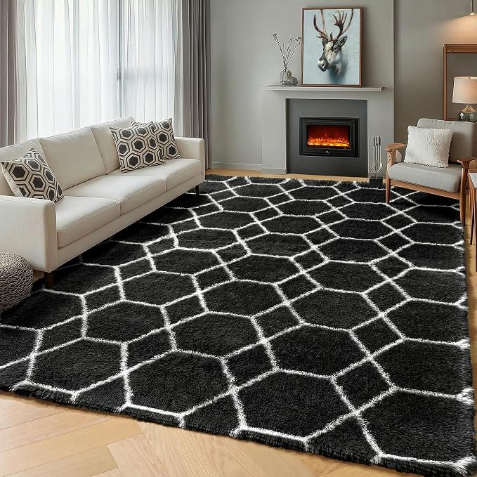 6x9 Area Rugs for Living Room Bedroom, Fluffy Black and White Geometric Rug | - Image 5