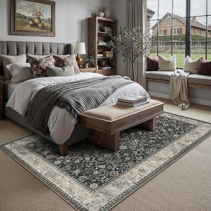 8x10 Black Beige Vintage Floral Washable Area Rug - Image 3