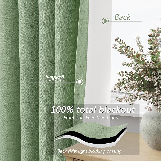 Light Sage 100% Blackout Linen Curtains 90 Inch Length 2 Panels Set - Image 4