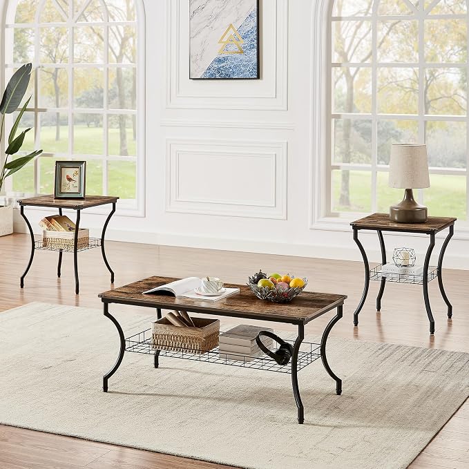 VECELO 3 Pieces Living Room Table Sets, Coffee and End Tables by VECELO