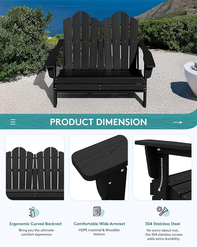 SERWALL Folding Adirondack Bench, HDPE All-Weather Adirondack Loveseat Set of 2 - Image 7