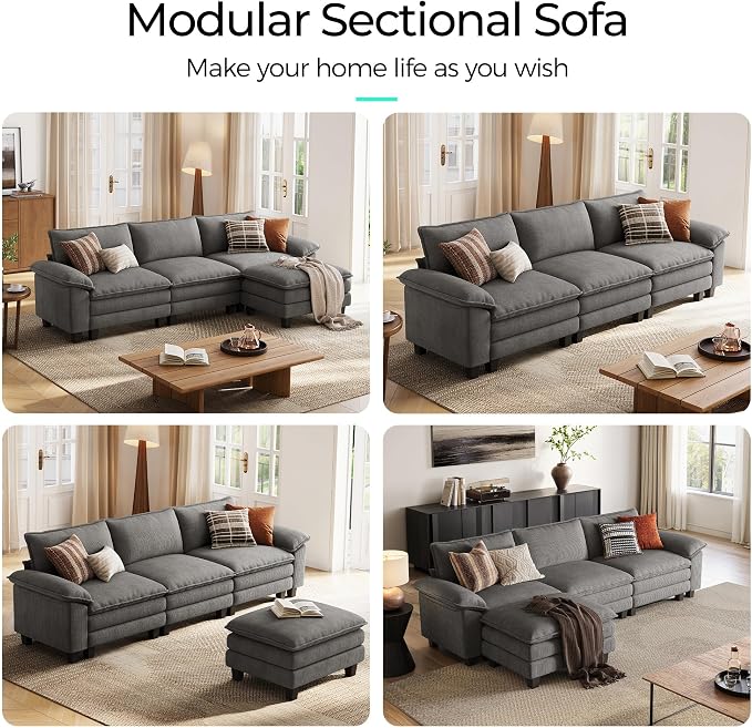 LINSY HOME 123" Modular L-Shaped Sectional Sofa, 3-Seat Corduroy Modern Cloud - Image 7