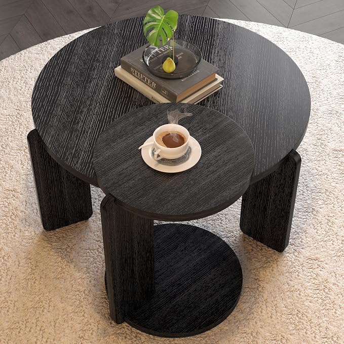 GDFStudio Round Nesting Coffee Table Set of 2, Modern Wooden Accent Side Table - Image 4