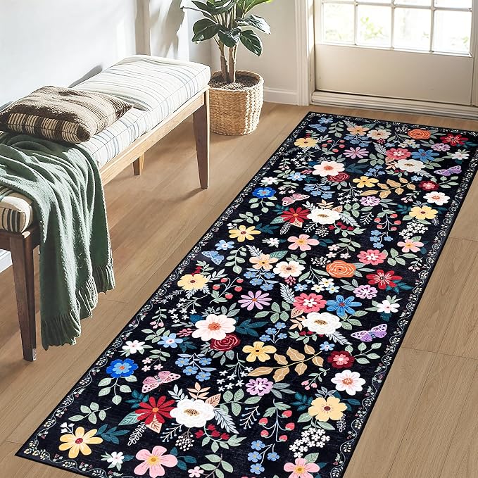 PLHXFR 2x6 Washable Runner Rug：Floral Indoor Kitchen Soft Carpet Black | - Image 3