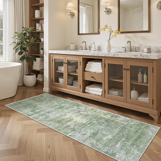 Soalmost Abstratc Runner Rug 2x6 Kitchen Hallway Runners Green/Ivory | Low-Pile - Image 4