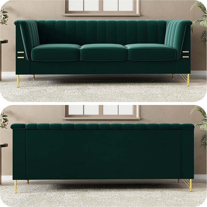 83.46" W Green Velvet Sofa Couch - Image 5
