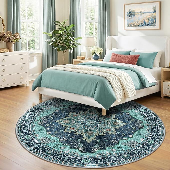 RELEANY Washable Area Rug, Round 8ft, Teal | Non-Slip, Water Repellent - Image 3