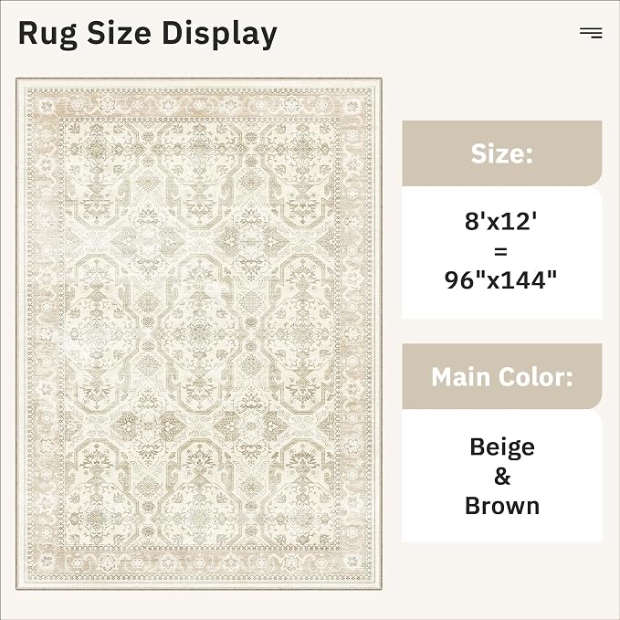 Soalmost 8x12 Area Rugs Large Washable Living Room Rug Non-Slip Beige/Brown | - Image 5