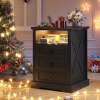 Nightstand with Charging Station, Farmhouse End Side Table with 3 Drawers and by TAGELIER